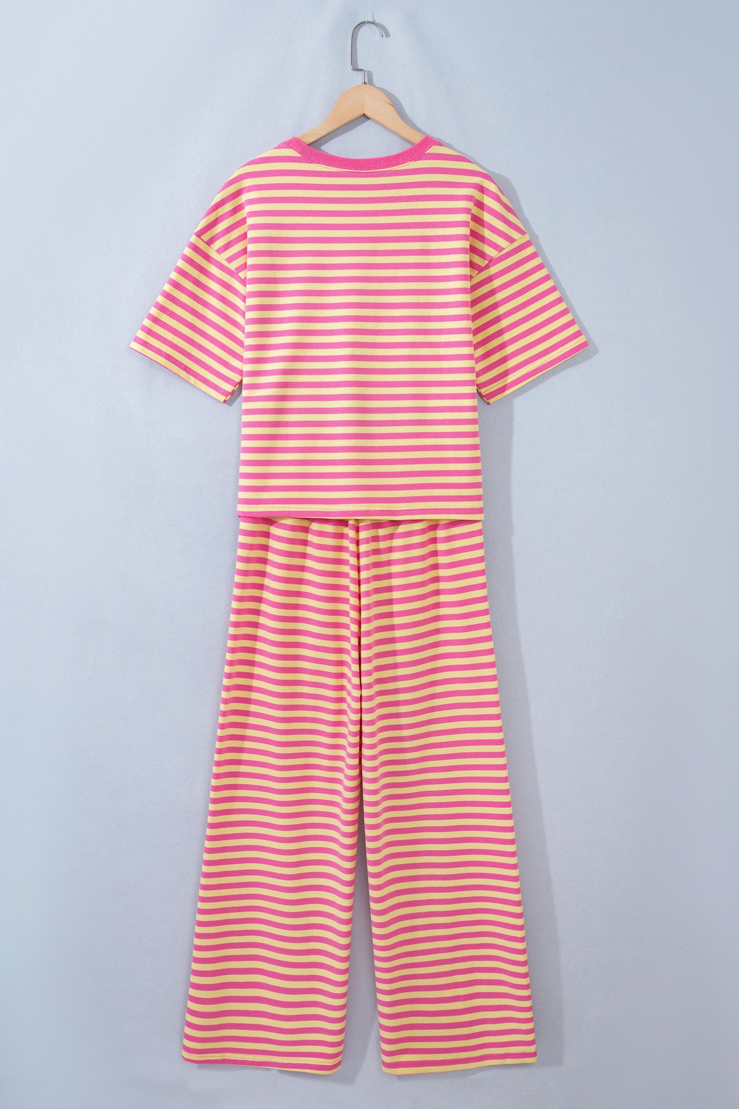 Pink Stripe Colorblock Trim Crew Neck Loose Tee Drawstring Elastic Waist 2pcs Pant Set