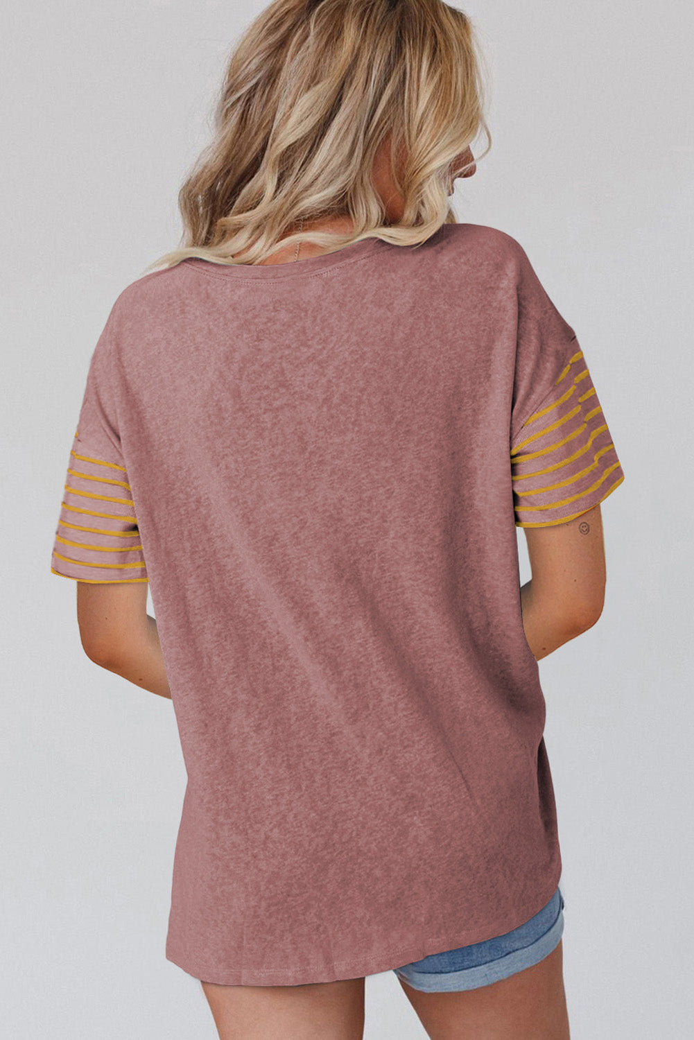 Tan Color Block Striped Detail Loose T Shirt