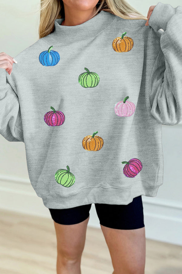 Sweat femme paillettes, col montant — gris