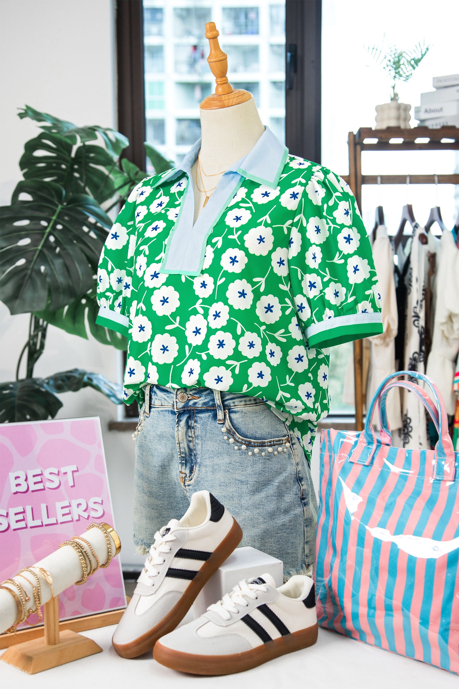 Green Flower Printed Contrast Patchwork Collar Short Sleeve Blouse