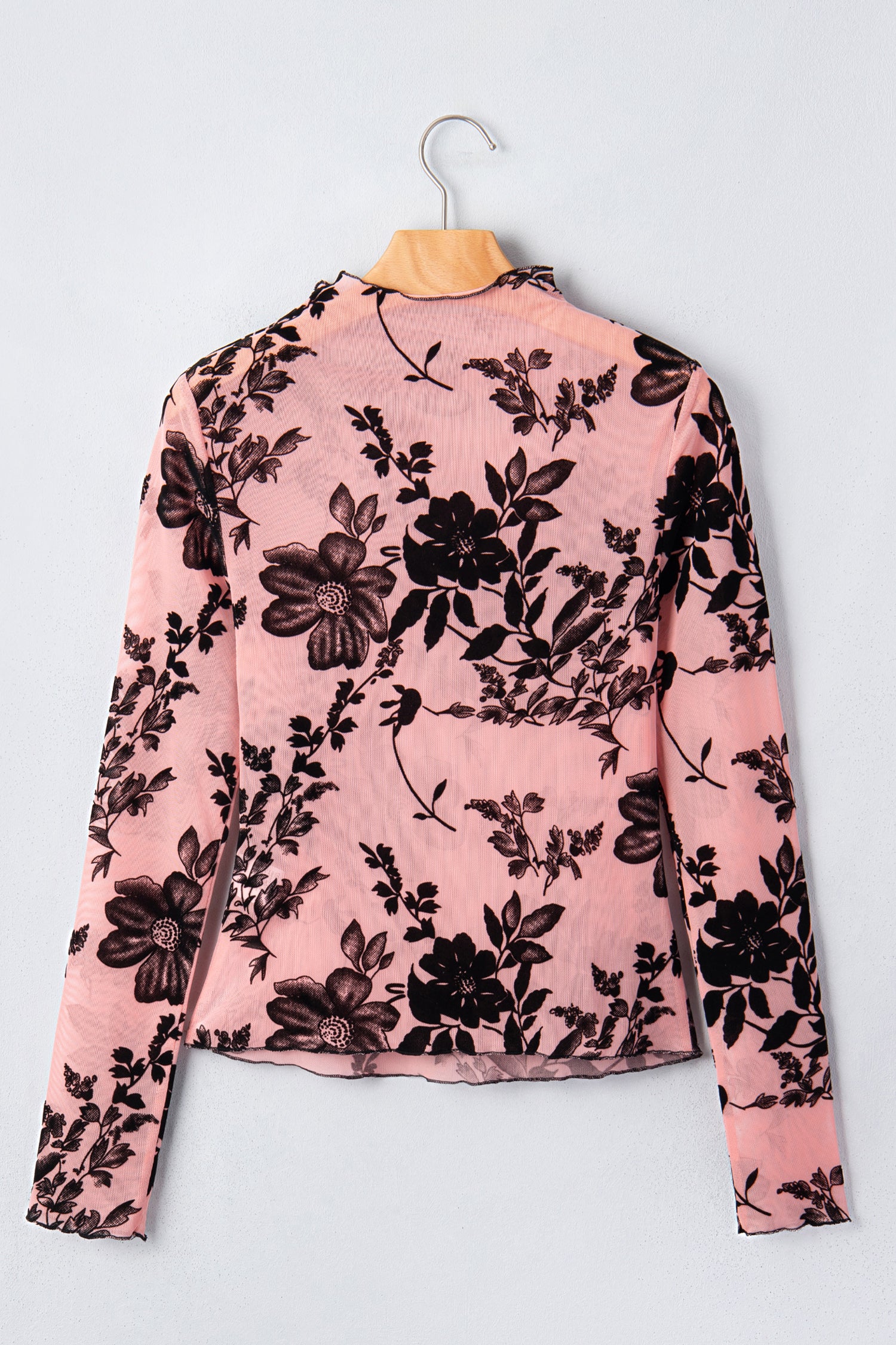 Gossamer Pink Retro Floral Print Mesh Long Sleeve Pullover Blouse