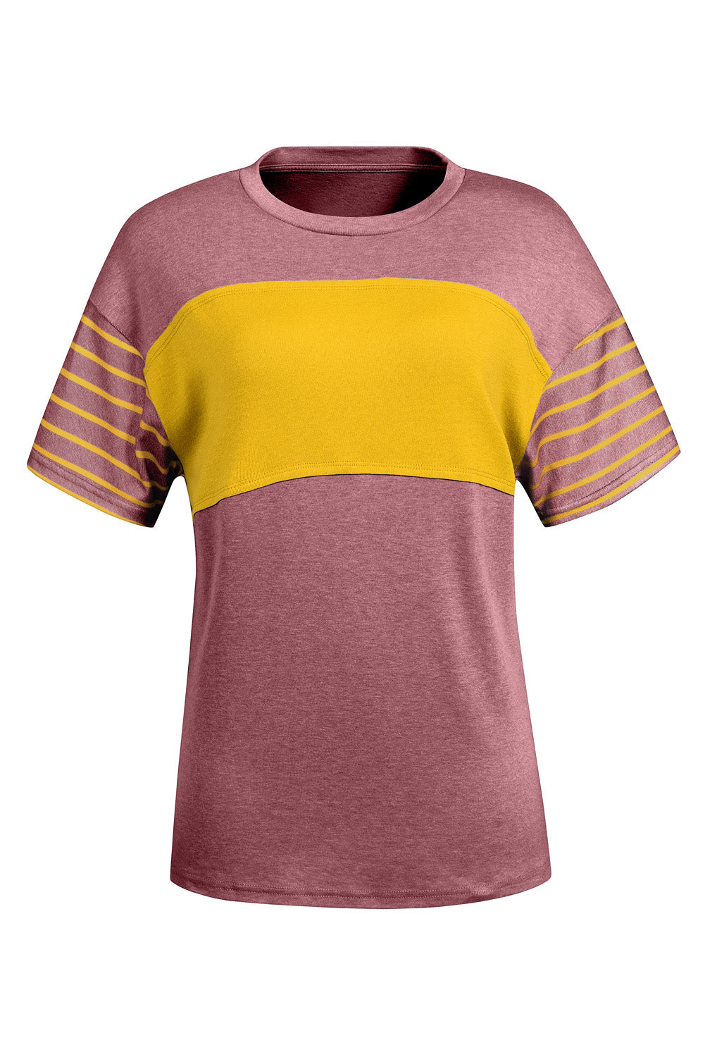 Tan Color Block Striped Detail Loose T Shirt