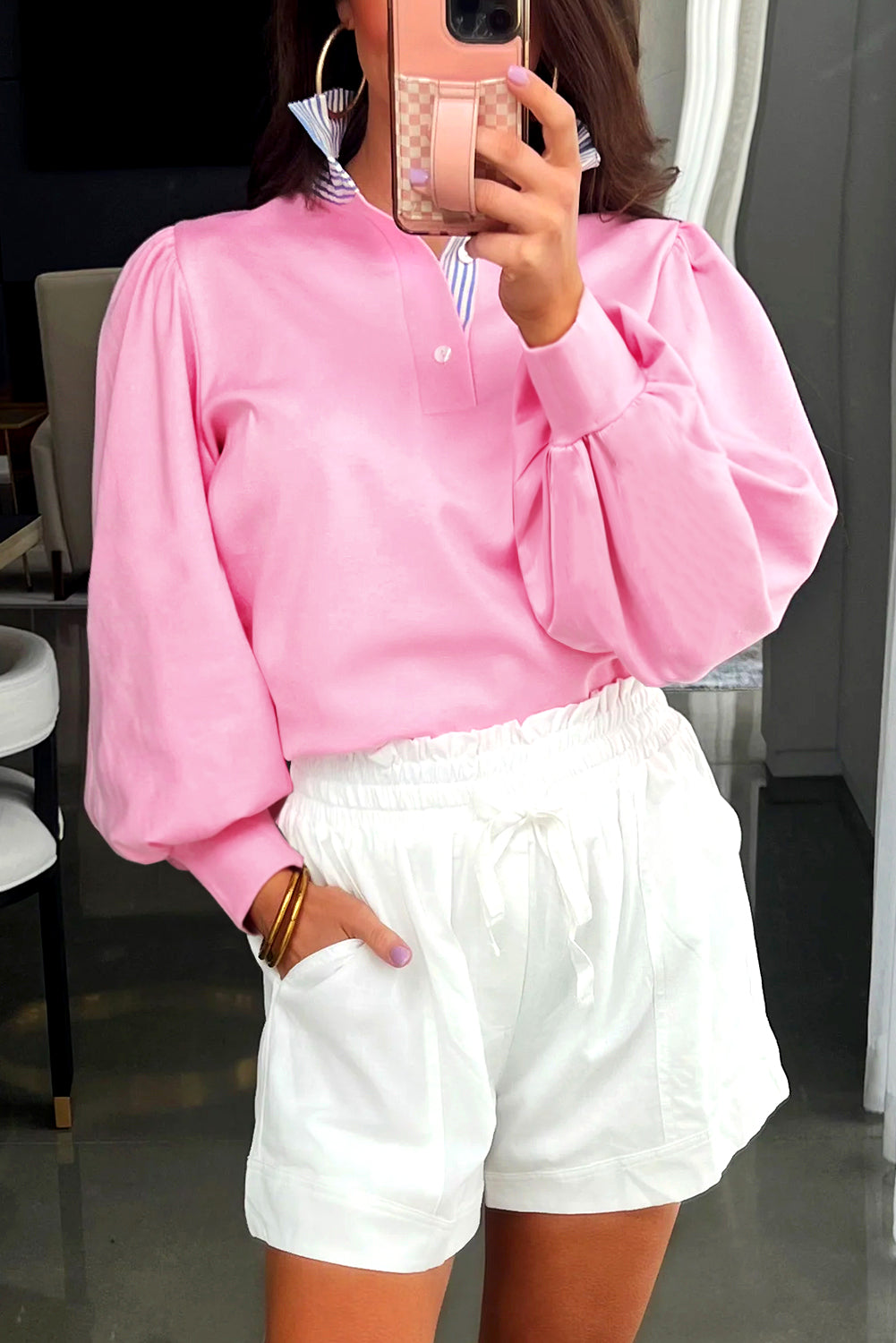 Sweat femme rayé, patchwork, boutonnée, manches bouffantes