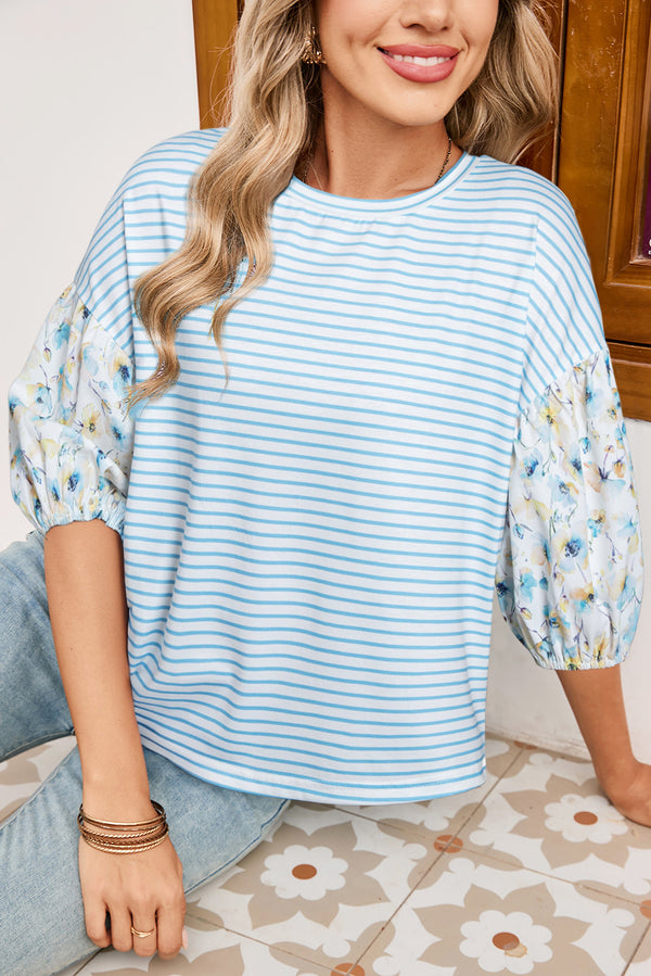 Haut femme floral, rayé, patchwork, épaules tombantes — bleu ciel