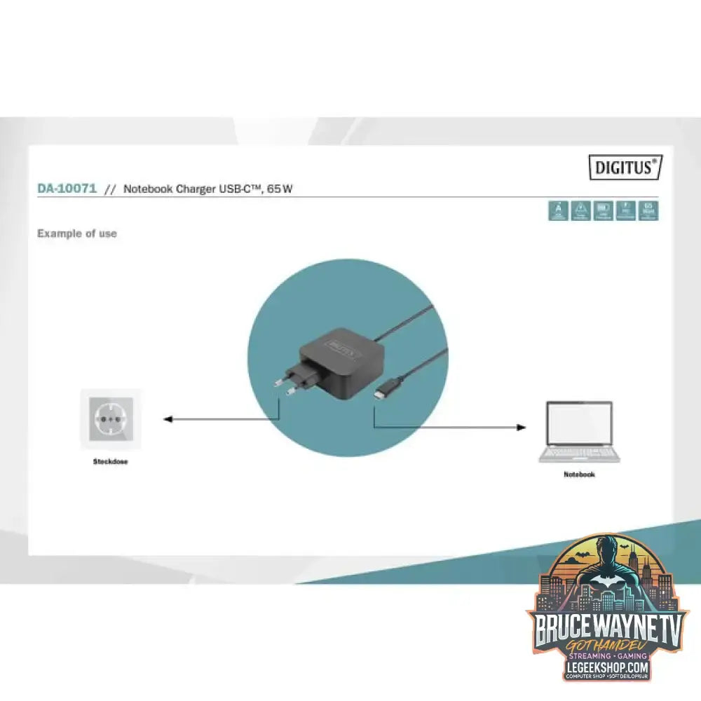 Digitus Notebook Ladegerät DA-10071, USB-C, 65 Watt schwarz, PD 3.0, Kabellänge 1,20 Meter - Digitus - vue 4