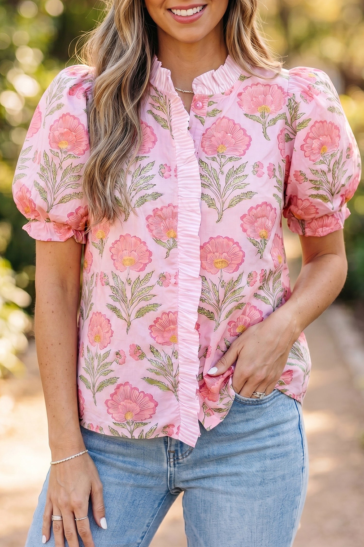 Pink Sweet Blooms Ruffle Striped Trim Puff Sleeve Shirt