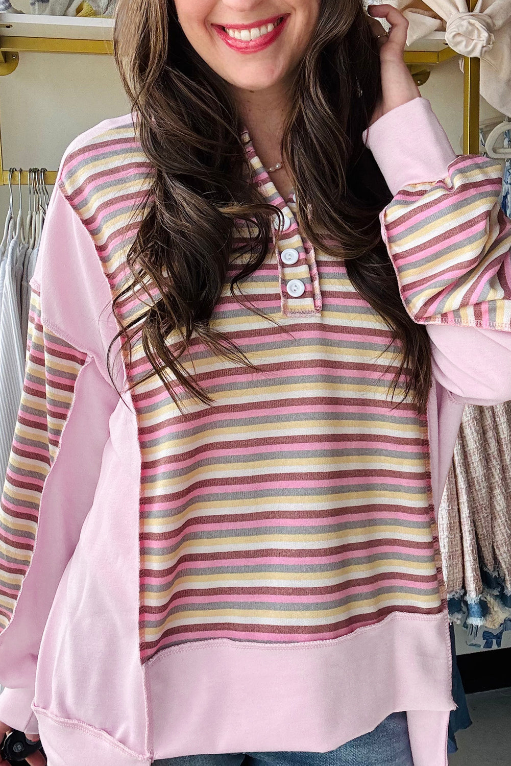 Sweat femme rayé, patchwork, ample, colorblock — rose