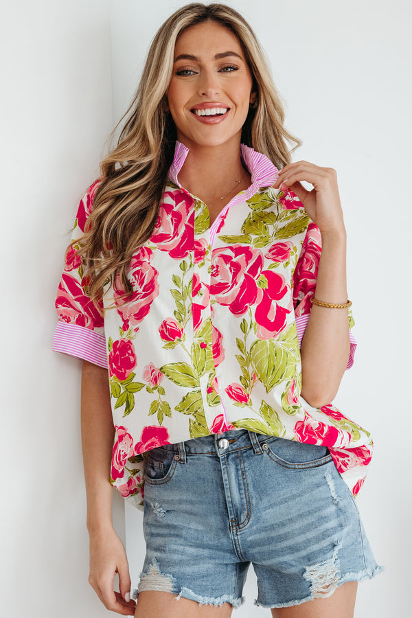 Chemise femme rayé, manches courtes — rose