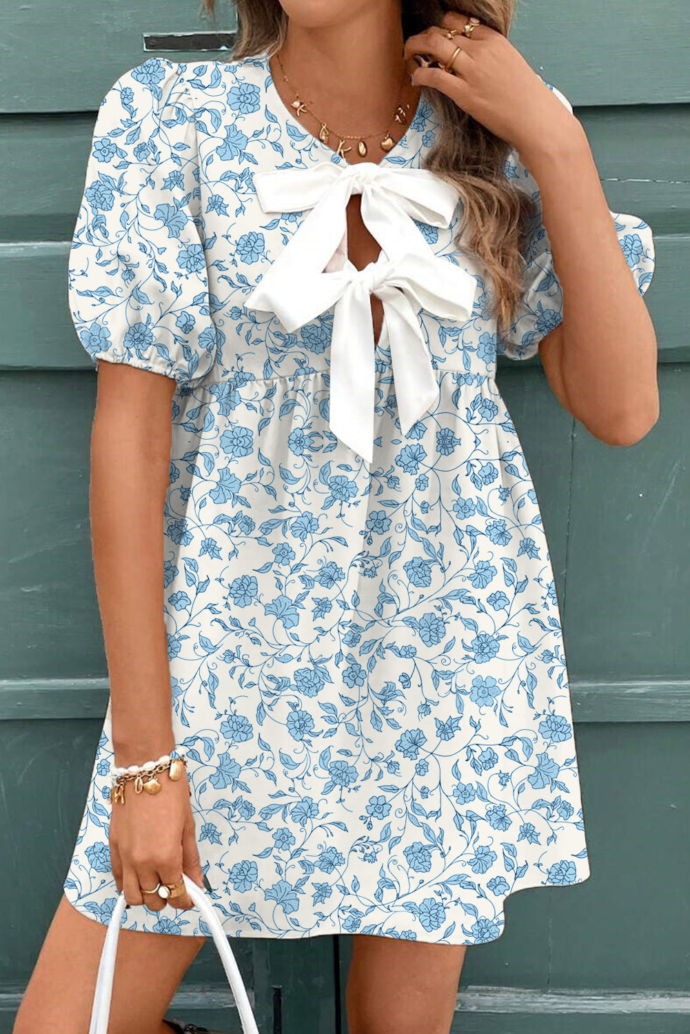 Sky Blue Leopard Contraste Bow Puff Sleeve Mini robe