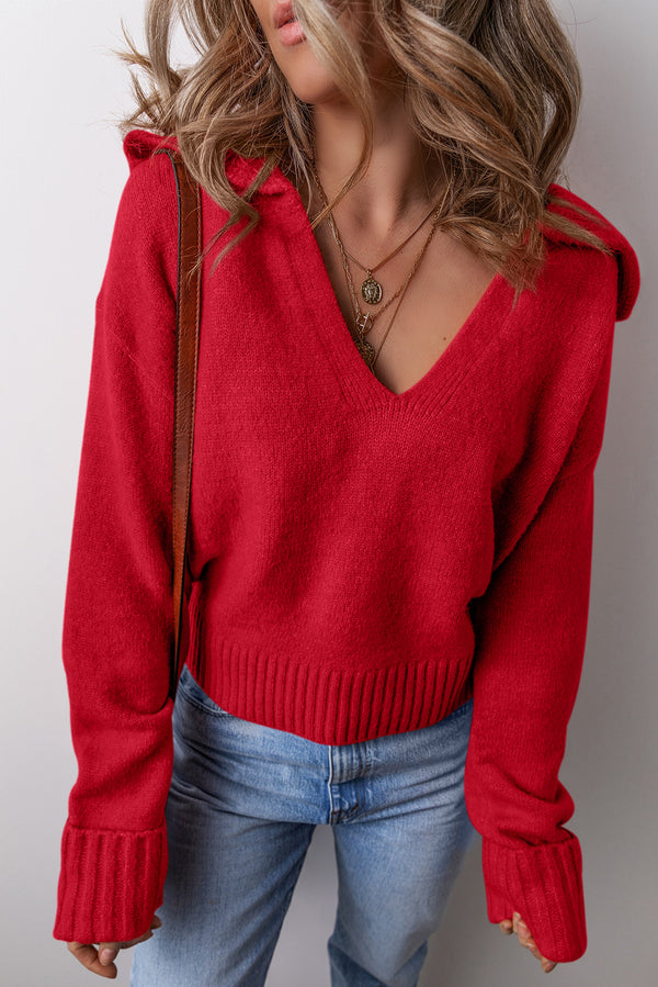 Pull femme col V, côtelé — rouge