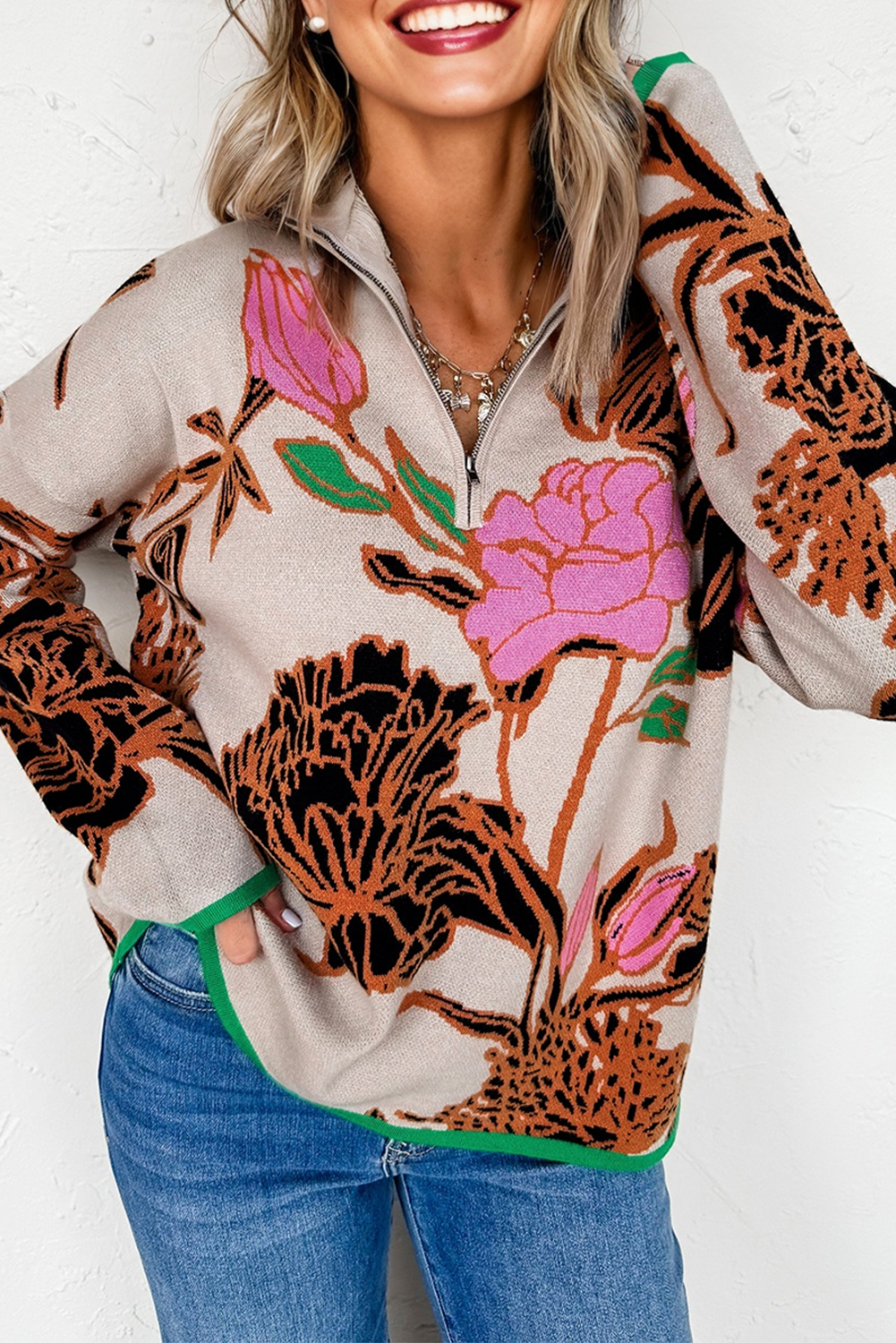 Pull femme floral, en maille, zip — kaki