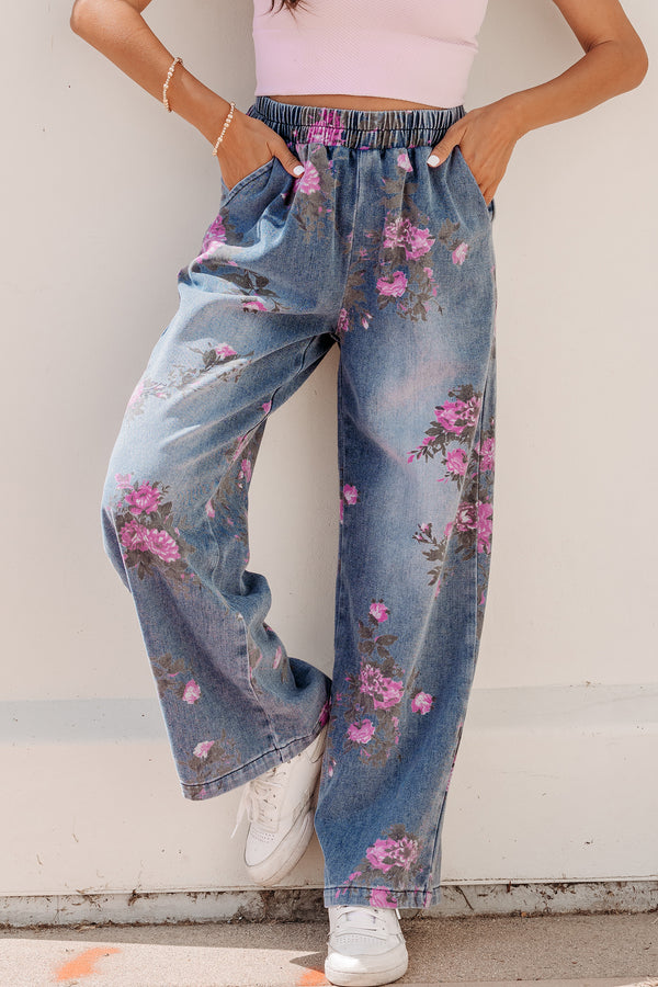 Jean femme floral, taille élastique, casual — bleu ciel-P804