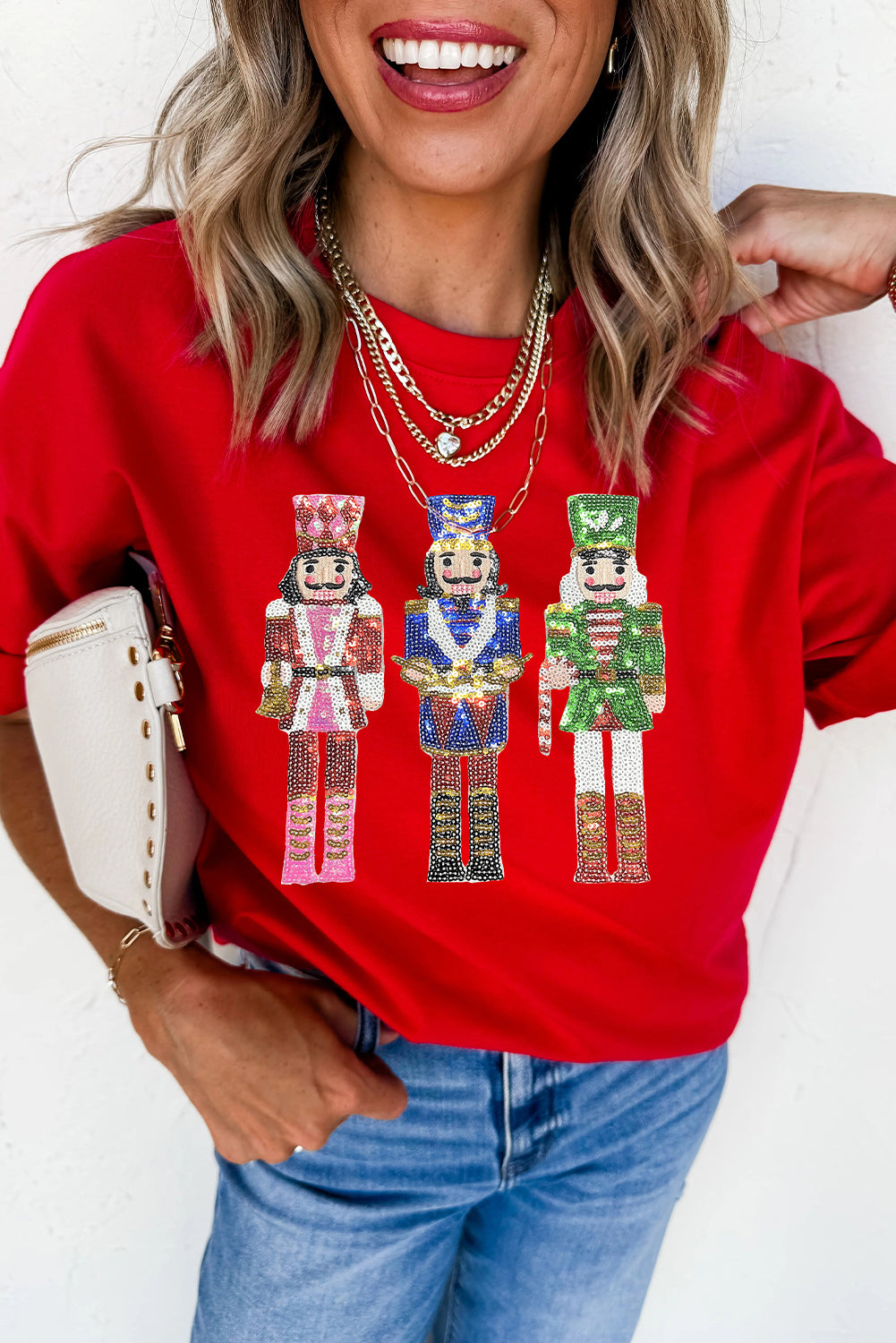 T-shirt femme graphique, paillettes, Noël, manches courtes — rouge