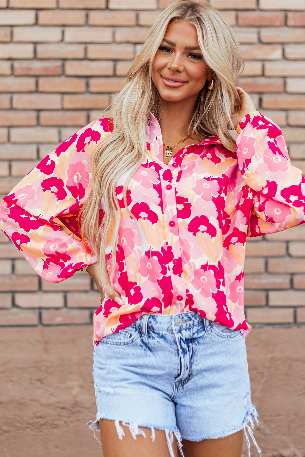 Chemise femme floral, boutonnée, manches bouffantes — rose
