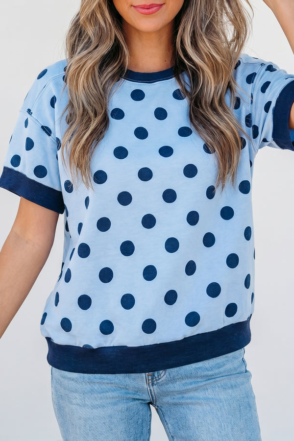 T-shirt femme pois, casual, colorblock — bleu