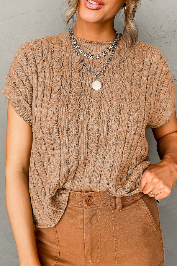 Pull femme en maille, manches courtes, col rond, torsadé — beige