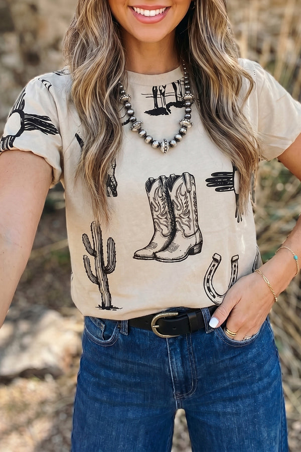Beige Retro Western Print T Shirt