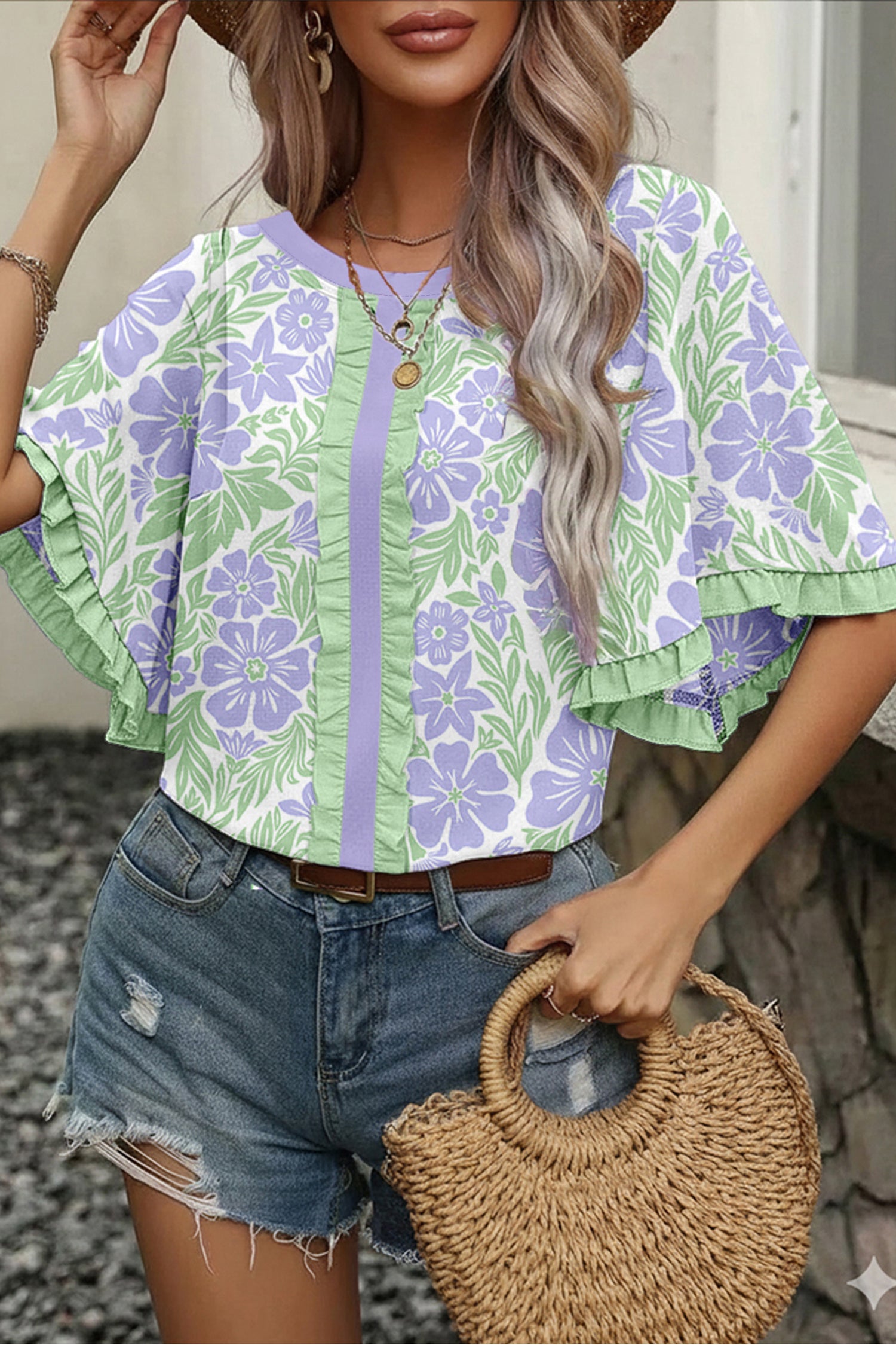 Rose Floral Print Ruffled Color Block Trim Half Sleeve Blouse