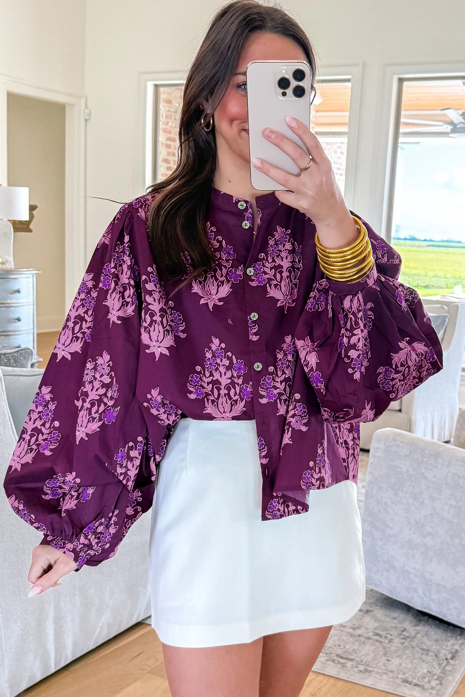 Purple Floral Print Button — Tops/Blouses & Shirts, vue 6, LeGeekShop