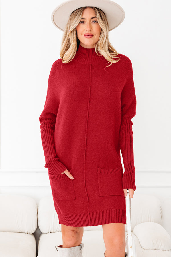 Robe femme poches, col montant, côtelé — rouge feu