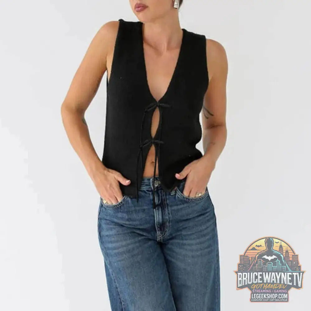 🧶 Pull gilet tricoté Y2K – Débardeur sans manches avec nœud papillon - Legeekshop