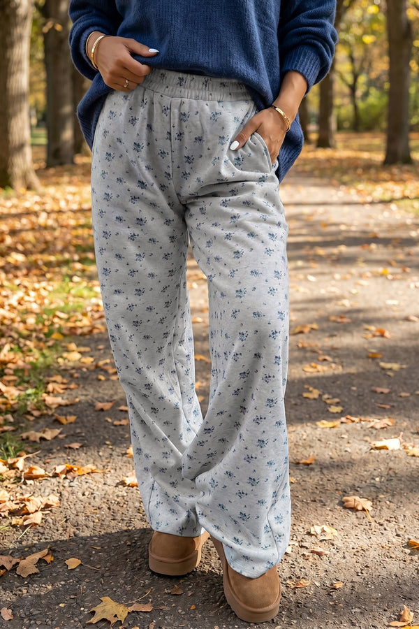 Pantalon femme floral, taille élastique — gris