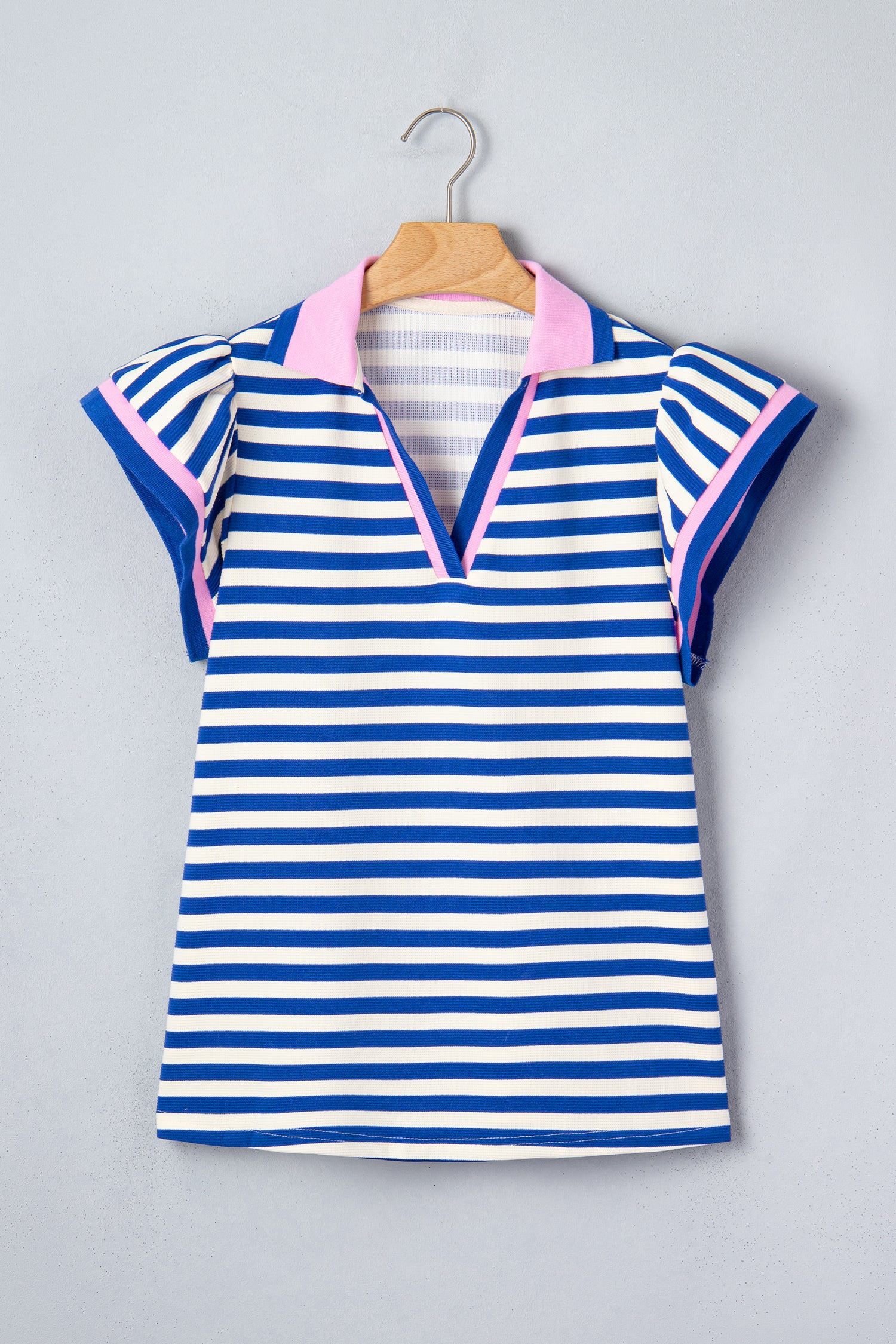 Blue Stripe Contrast Trim Polo Collar Ruffled Short Sleeve Blouse