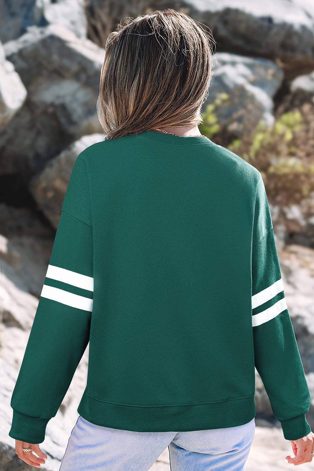 Sweat détails varsity, épaules tombantes, oversized — blanc