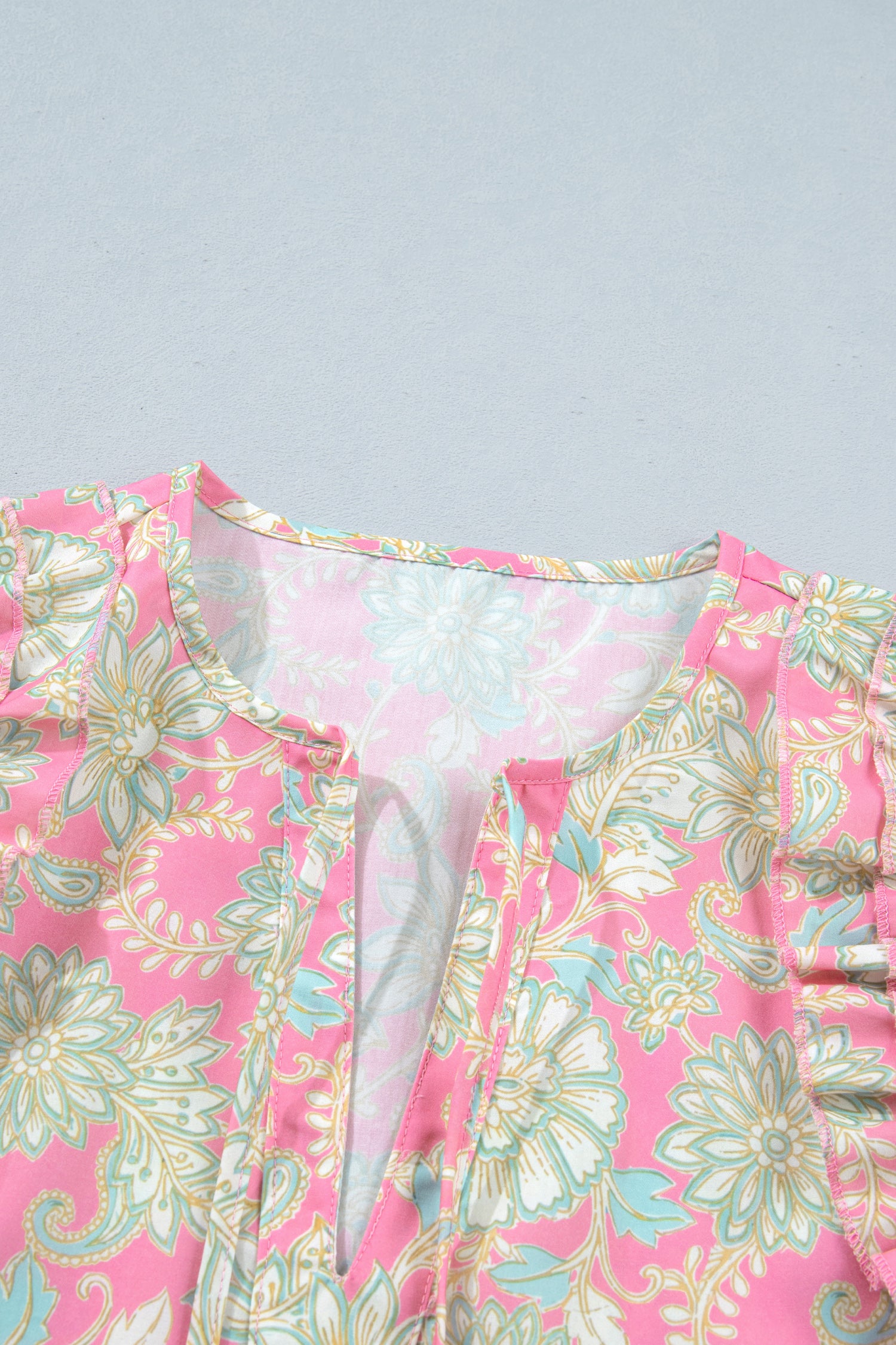 Pink Tie V Neck Floral Short Puff Sleeve Blouse