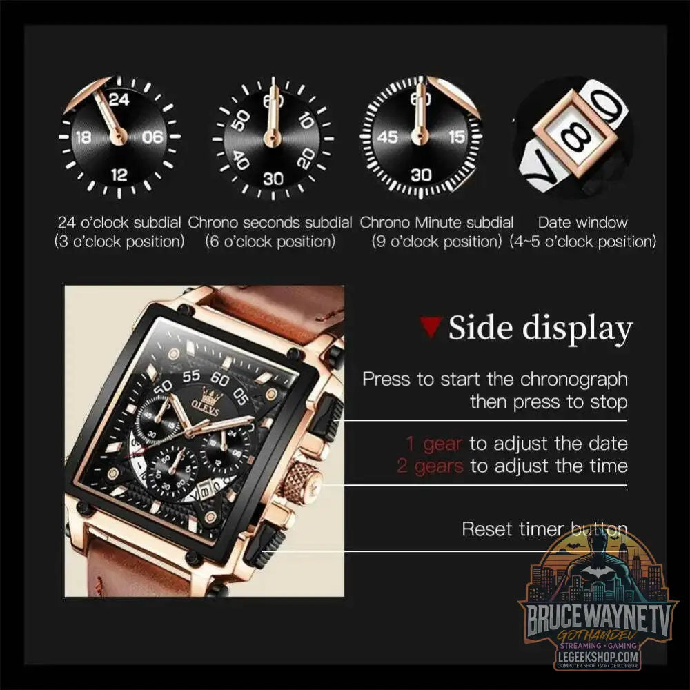 Montre à quartz carrée étanche avec bracelet en cuir pour homme, chronographe et fonction calendrier, marque supérieure | OLEVS - Legeekshop