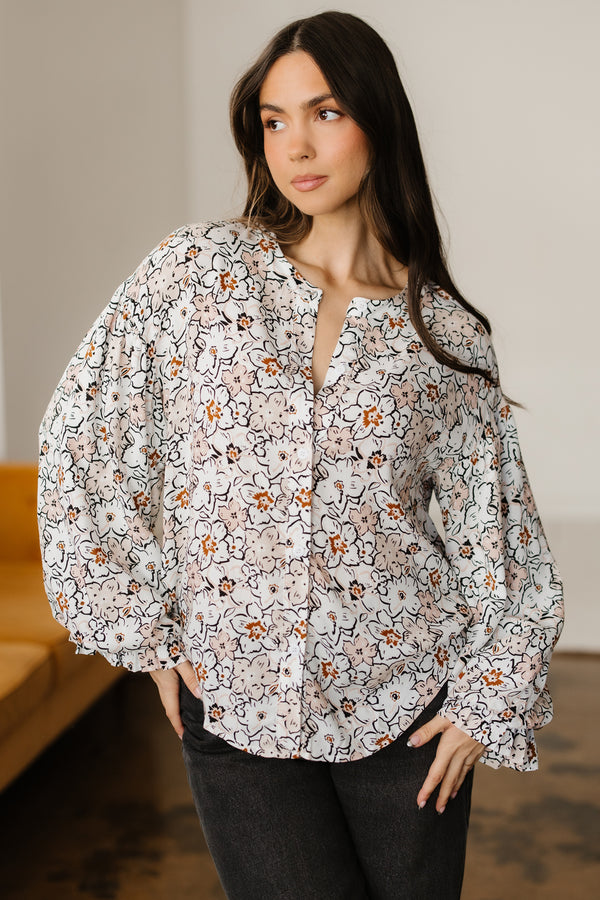 Chemise femme floral, boutonnée, manches bouffantes — kaki