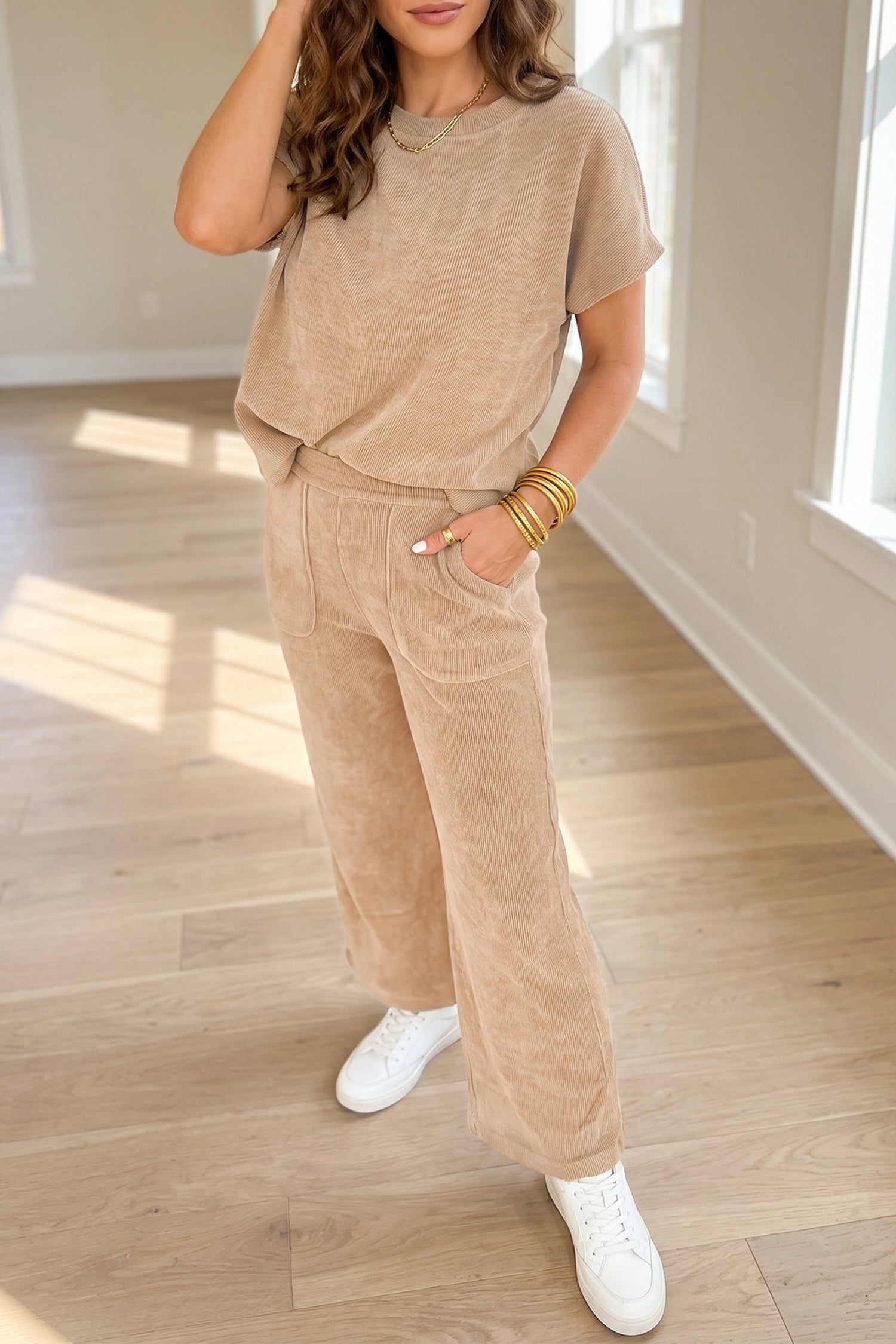 Ensemble femme manches courtes, casual, uni, côtelé — beige