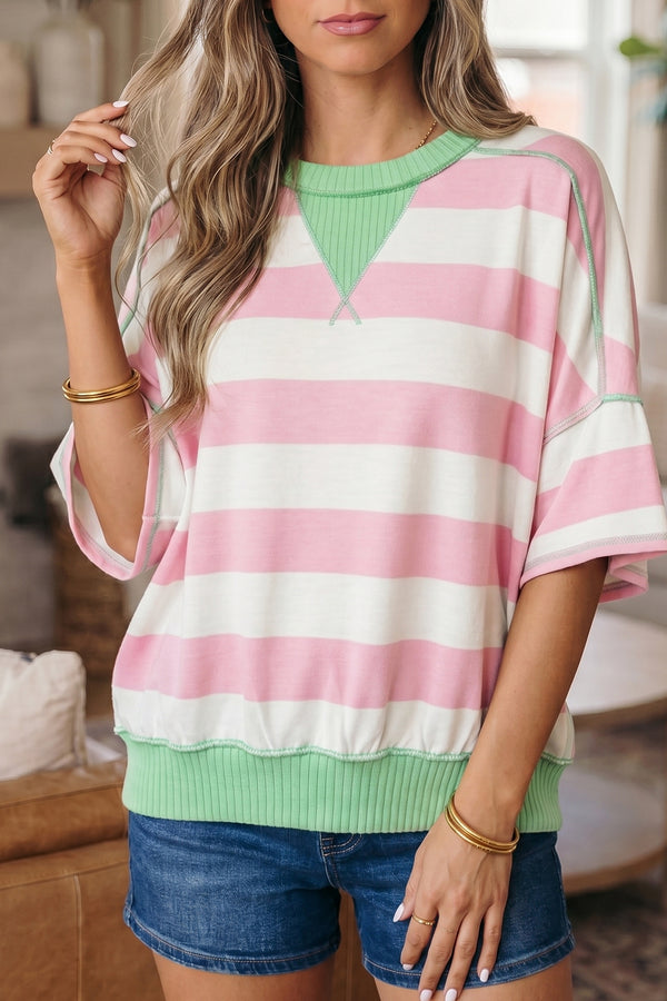 Pink Stripe Exposed Seam Ribbed Patchwork Oversized Tee