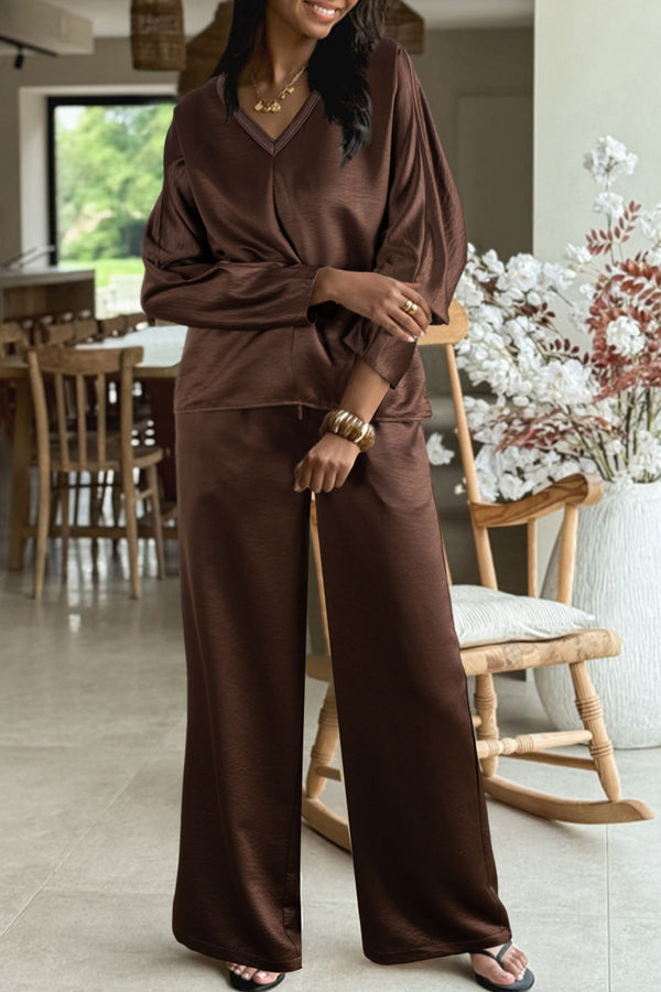 Ensemble femme à cordon, manches longues, col V, taille haute, ample — marron · LC628280-P5017 · LC628280-P5017-L