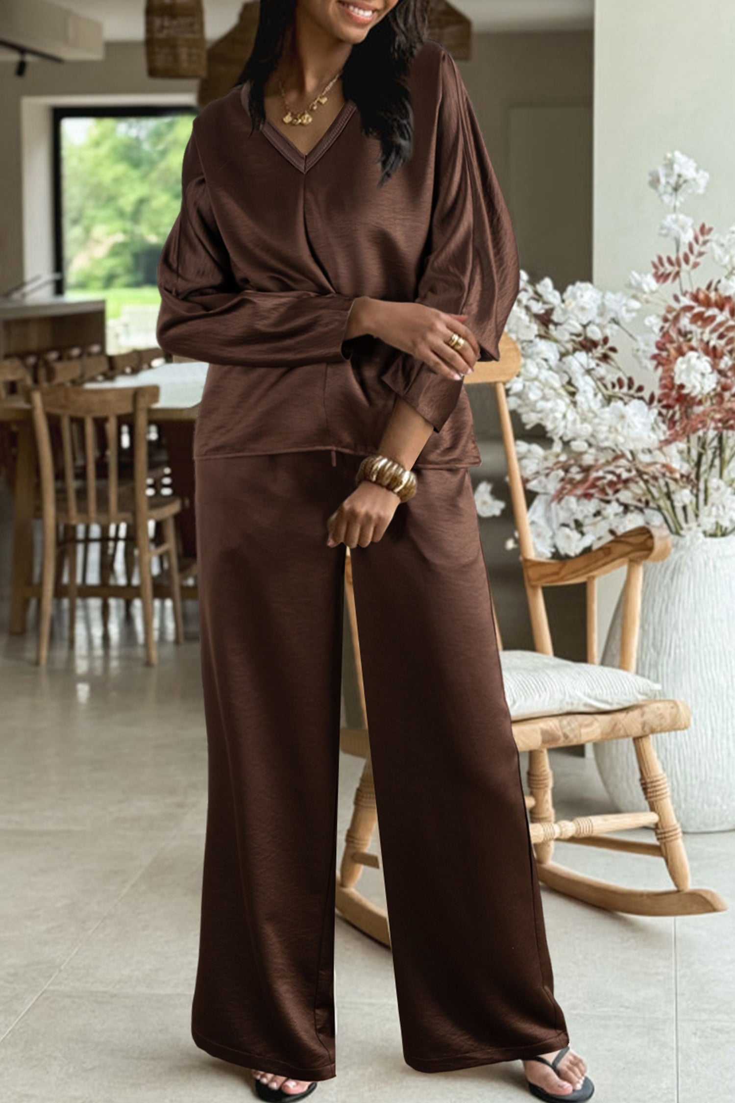 Ensemble femme à cordon, manches longues, col V, taille haute, ample — marron · LC628280-P5017 · LC628280-P5017-L