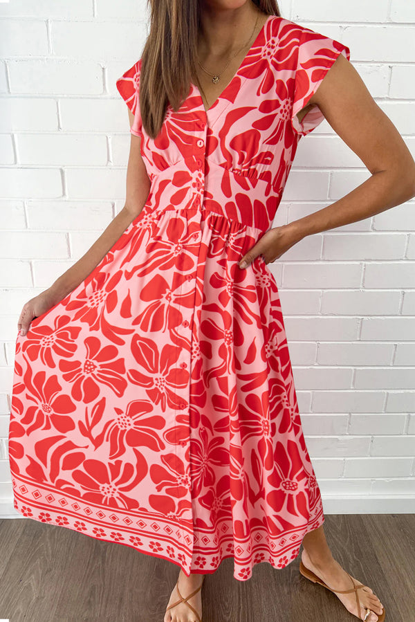 Robe femme floral, smocké, boutonnée, manches courtes, col V — rouge