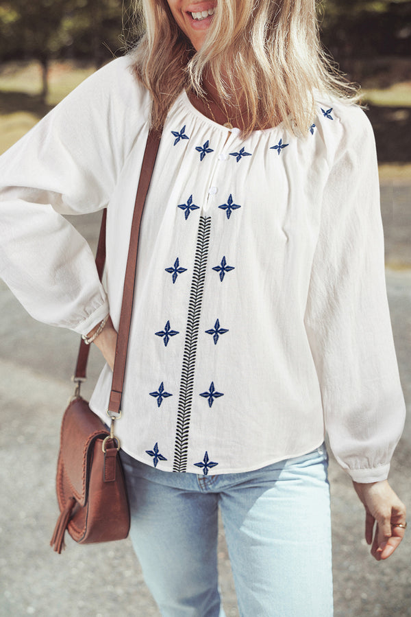 Blouse femme brodé, boutonnée, manches longues — blanc