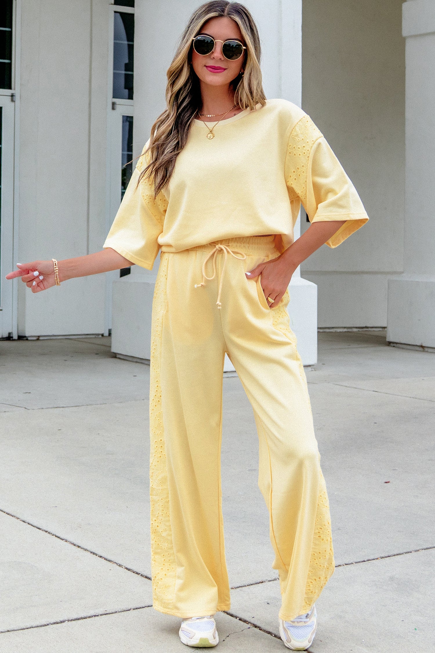 Yellow Cream Lace Patchwork Half Sleeve Top Elastic Waist Pants Two Piece Set