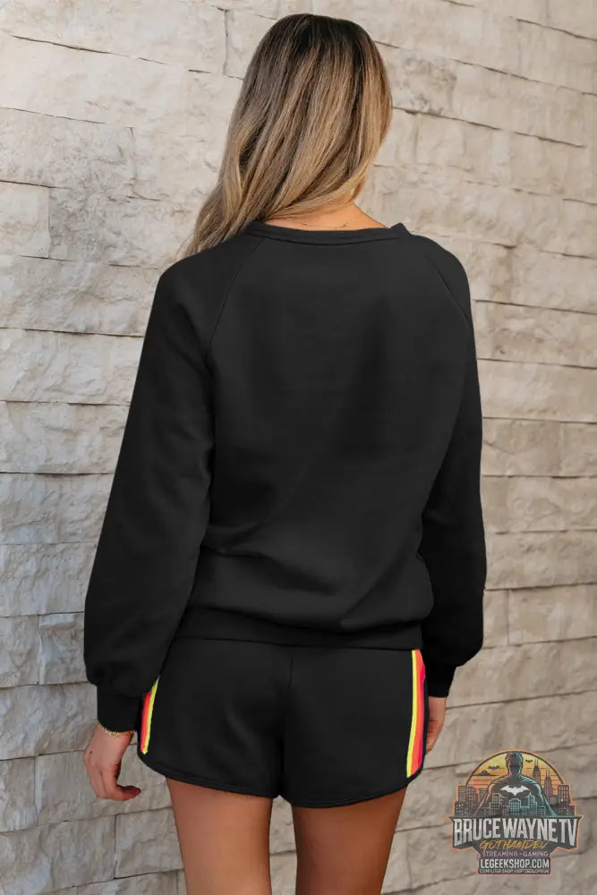 Ensemble Deux Pièces Femme – Pull Col Rond & Short à Rayures · Style Décontracté Casual - Ensemble Femme