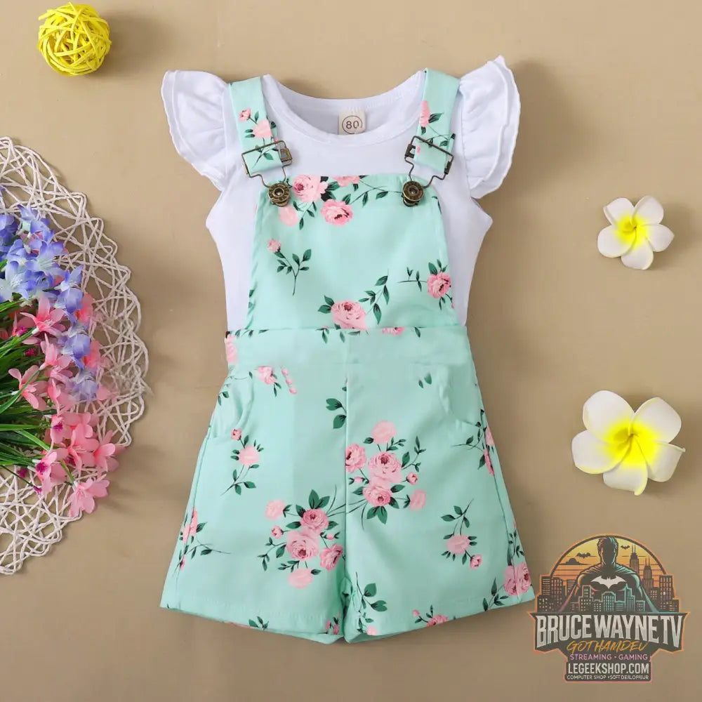 Ensemble Enfant 2 Pièces T-Shirt Volants Pantalon Bretelles Floral - Light Green / 80cm - Ensemble Enfant