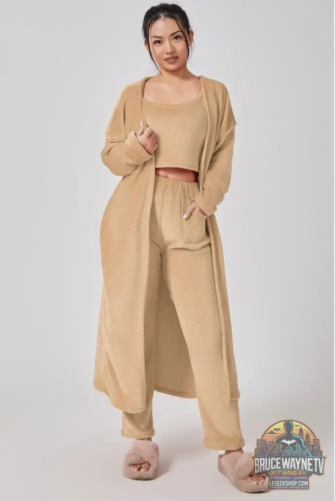 🌙 Ensemble Pyjama 3 Pièces Femme Lounge Confort Doux Hiver 🌙 - Camel / S - Ensemble Pyjama Femme
