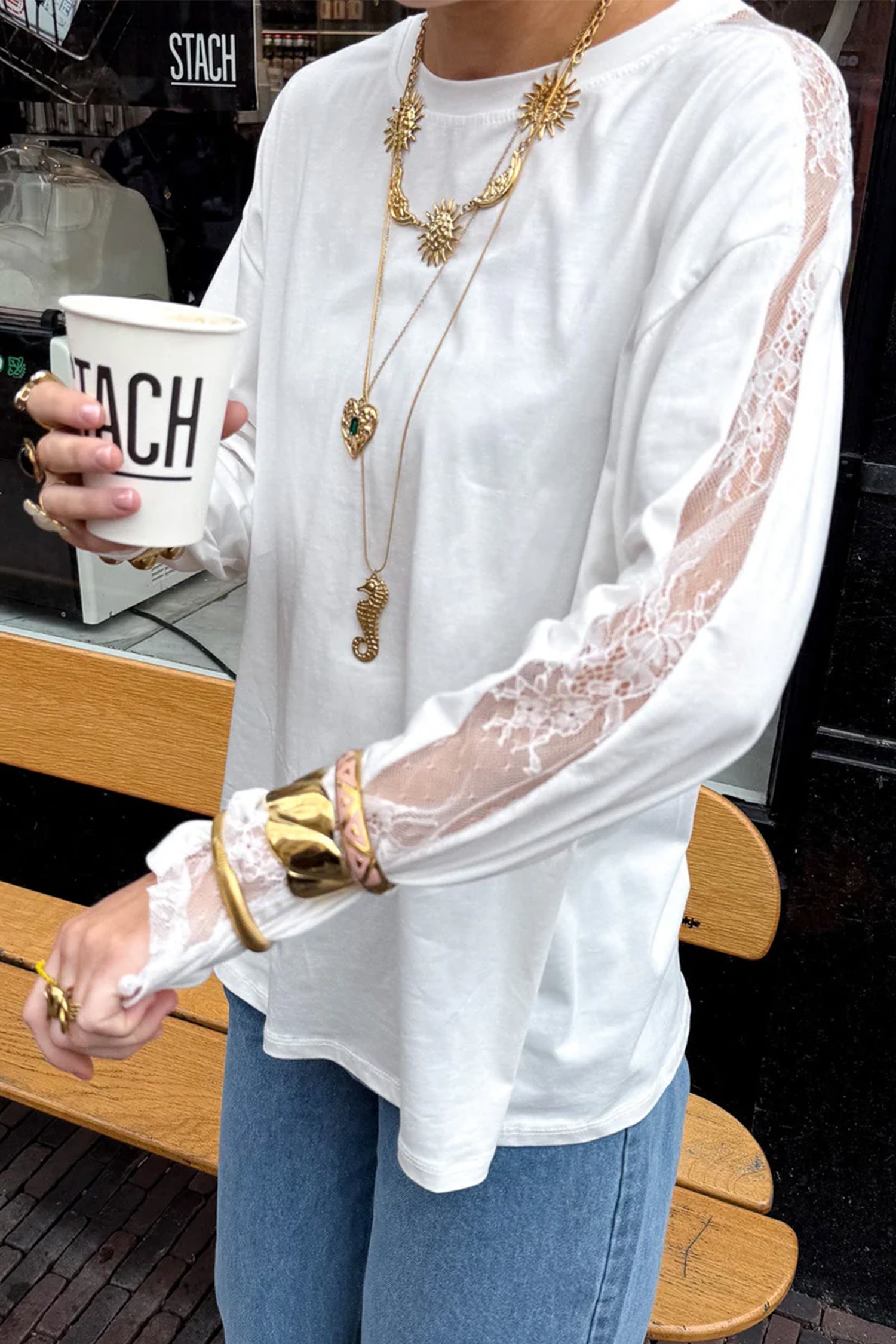 White Lace Patchwork Round Neck Long Sleeve Top