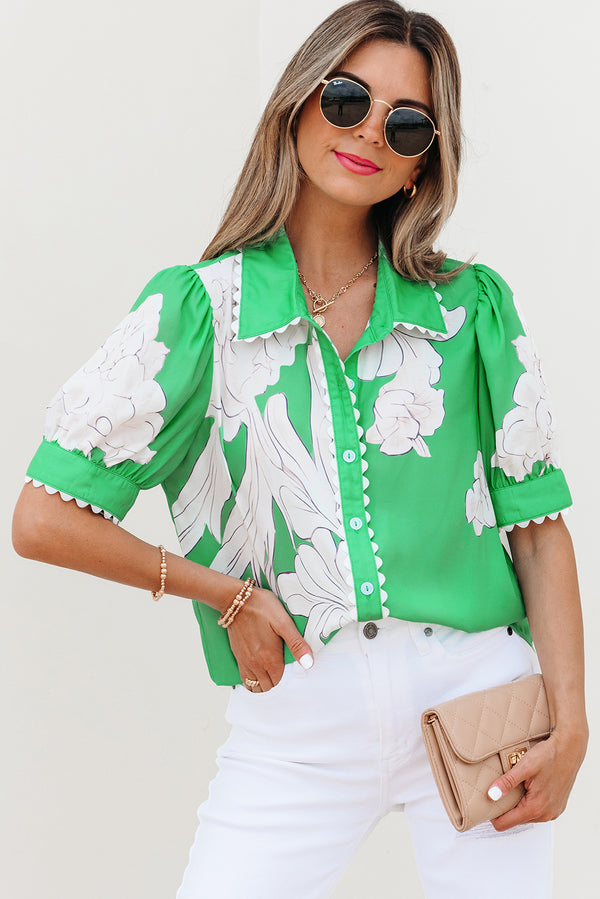 Chemise femme floral, boutonnée, manches bouffantes — vert