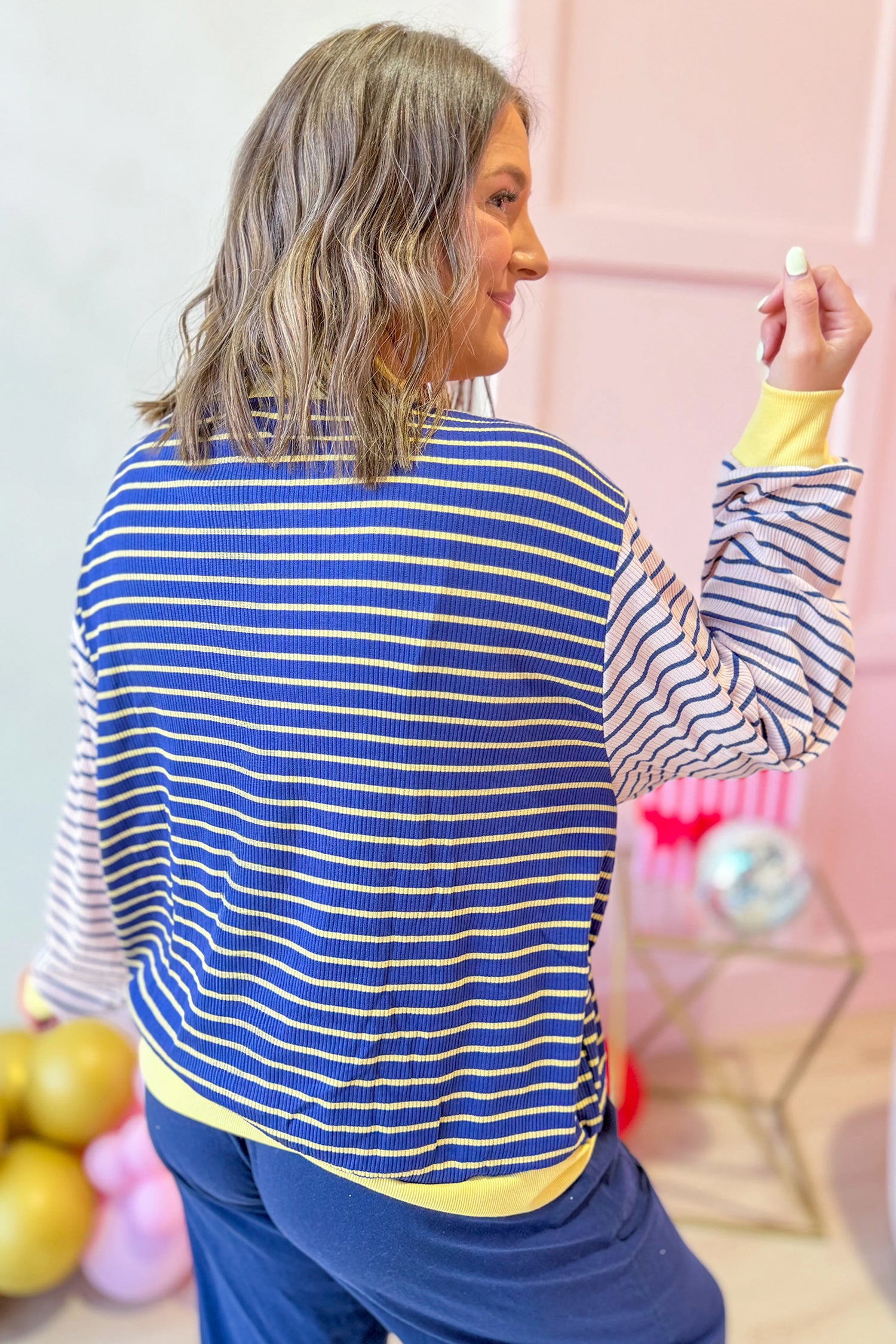 Blue Stripe Contrast Long Sleeve Crew Neck Pullover Top
