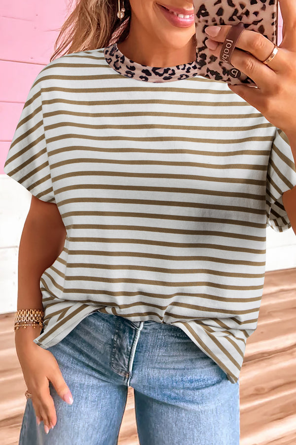 Khaki Stripe Leopard Patchwork — Tops/Tops & Tees, photo principale LeGeekShop