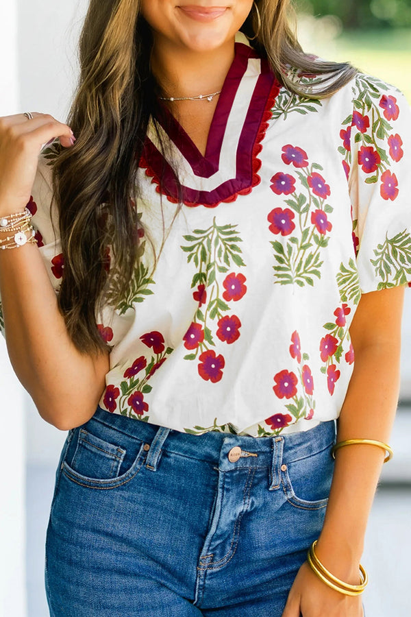 Short femme floral, manches ballon — blanc