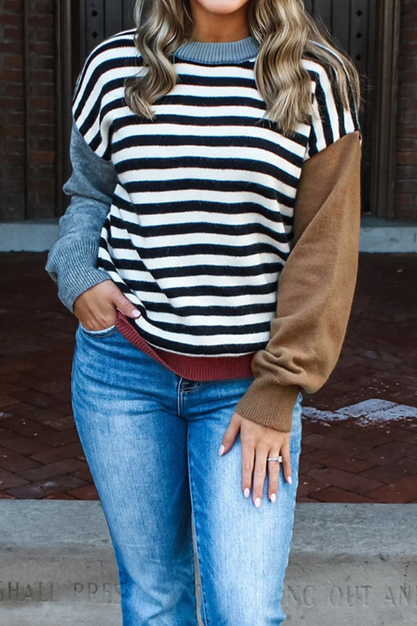 Pull femme rayé, colorblock — noir-P202