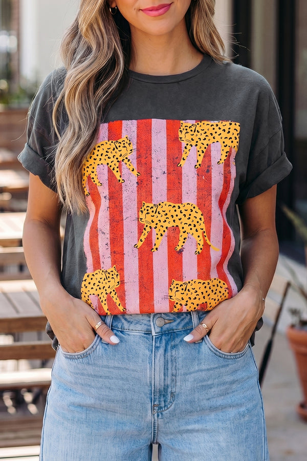 Dark Grey Cheetah Striped Print Retro Fashion Graphic Tee