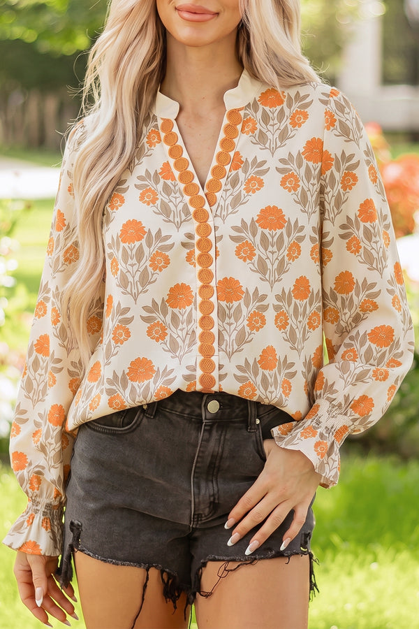 Blouse femme floral, manches longues, col V — orange