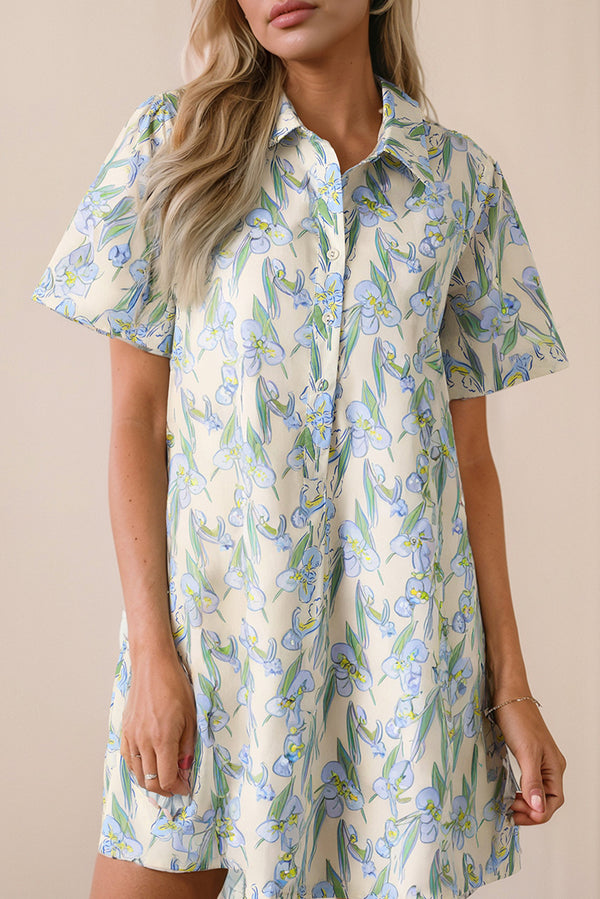 Robe femme floral, boutonnée, manches courtes — vert